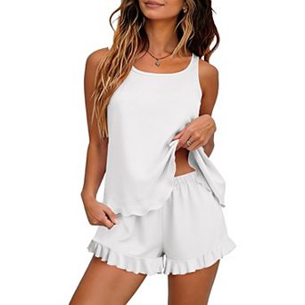 Ekouaer Womens Pajama Sets Ruffle Hem Tank Top and Shorts Set Sleeveless Cami Sleepwear Two Piece
