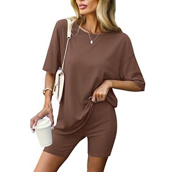 Ekouaer Women 2 pc Lounge Sets Moisture Wicking Summer Outfits Oversized T-Shirt and Biker Short