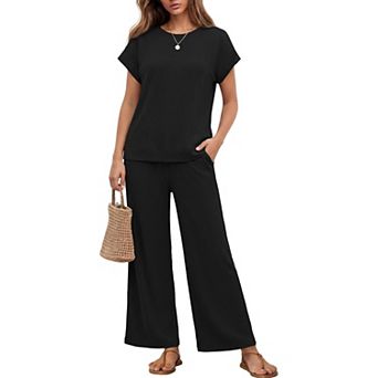 Ekouaer Two Piece Sets for Womens Travel Short Sleeve Top Wide Leg Pants Rib Tracksuits Lounge Set