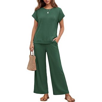 Ekouaer Two Piece Sets for Womens Travel Short Sleeve Top Wide Leg Pants Rib Tracksuits Lounge Set