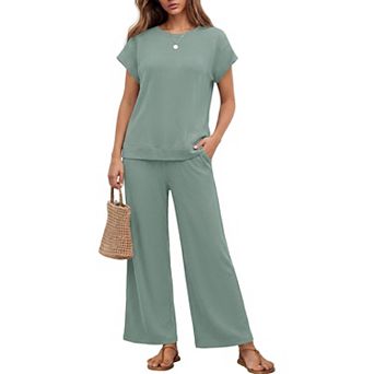 Ekouaer Two Piece Sets for Womens Travel Short Sleeve Top Wide Leg Pants Rib Tracksuits Lounge Set