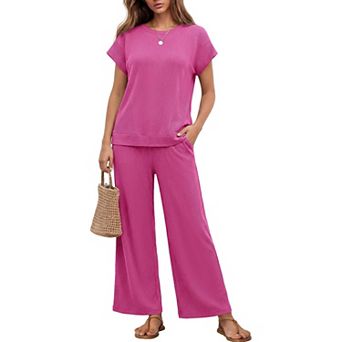 Ekouaer Two Piece Sets for Womens Travel Short Sleeve Top Wide Leg Pants Rib Tracksuits Lounge Set