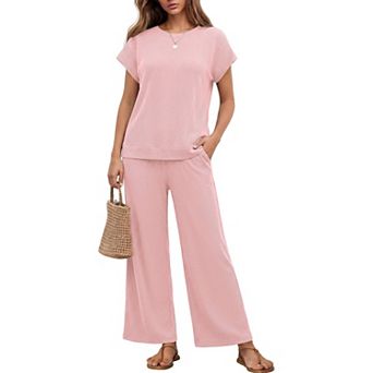 Ekouaer Two Piece Sets for Womens Travel Short Sleeve Top Wide Leg Pants Rib Tracksuits Lounge Set