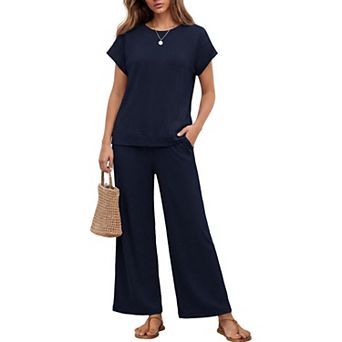 Ekouaer Two Piece Sets for Womens Travel Short Sleeve Top Wide Leg Pants Rib Tracksuits Lounge Set