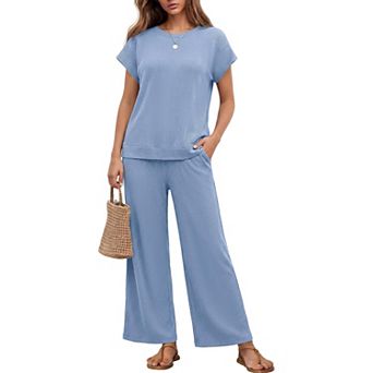 Ekouaer Two Piece Sets for Womens Travel Short Sleeve Top Wide Leg Pants Rib Tracksuits Lounge Set