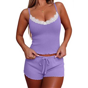Ekouaer Women' Pajama Sets 2 pc Sleepwear with Pockets Lace Cami Shorts Adjustable Straps Pjs