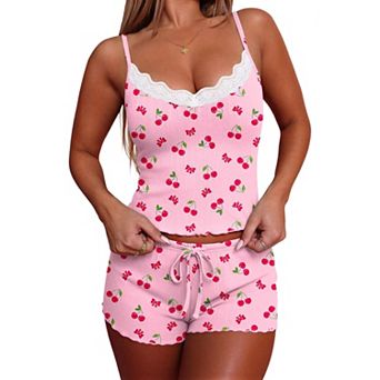Ekouaer Women' Pajama Sets 2 pc Sleepwear with Pockets Lace Cami Shorts Adjustable Straps Pjs