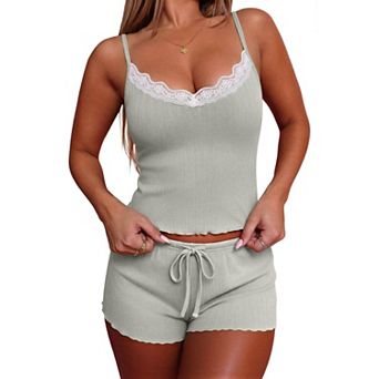 Ekouaer Women' Pajama Sets 2 pc Sleepwear with Pockets Lace Cami Shorts Adjustable Straps Pjs