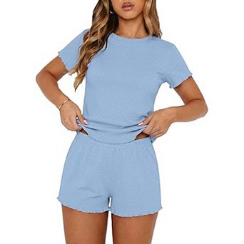 Ekouaer Cute Pajamas Womens Set Two Piece Ribbed Pajamas Crop Top and Shorts Pajamas Set Lounge