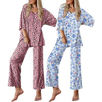 Ekouaer Two Pack Lounge Sets for Womens Short Sleeve Pajamas Set V Neck Top and Long Pants Comfy