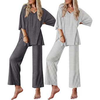 Ekouaer Two Pack Lounge Sets for Womens Short Sleeve Pajamas Set V Neck Top and Long Pants Comfy