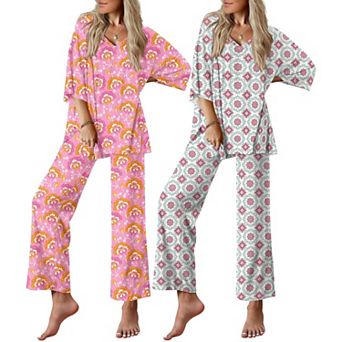Ekouaer Two Pack Lounge Sets for Womens Short Sleeve Pajamas Set V Neck Top and Long Pants Comfy