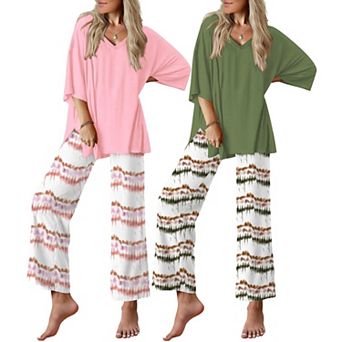Ekouaer Two Pack Lounge Sets for Womens Short Sleeve Pajamas Set V Neck Top and Long Pants Comfy