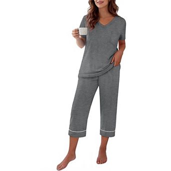 Ekouaer Cotton Pajamas for Womens Set Short Sleeve Top and Capri Pants Lounge Sets Soft Sleepwear