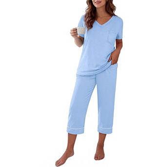 Ekouaer Cotton Pajamas for Womens Set Short Sleeve Top and Capri Pants Lounge Sets Soft Sleepwear