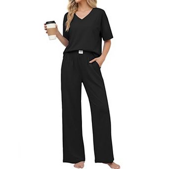 Ekouaer Womens Cotton Pajama Sets Soft Short Sleeve Pajamas Long Pants Set Breathable Loungewear