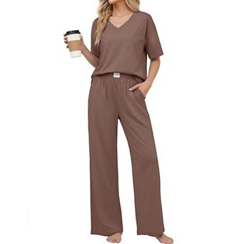 Ekouaer Womens Cotton Pajama Sets Soft Short Sleeve Pajamas Long Pants Set Breathable Loungewear