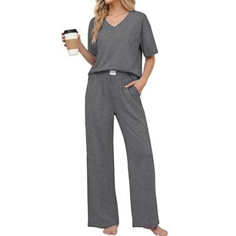 Ekouaer Womens Cotton Pajama Sets Soft Short Sleeve Pajamas Long Pants Set Breathable Loungewear