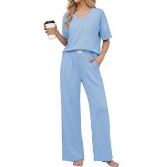 Ekouaer Womens Cotton Pajama Sets Soft Short Sleeve Pajamas Long Pants Set Breathable Loungewear