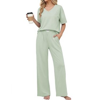 Ekouaer Womens Cotton Pajama Sets Soft Short Sleeve Pajamas Long Pants Set Breathable Loungewear