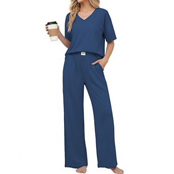 Ekouaer Womens Cotton Pajama Sets Soft Short Sleeve Pajamas Long Pants Set Breathable Loungewear