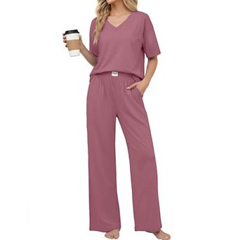 Ekouaer Womens Cotton Pajama Sets Soft Short Sleeve Pajamas Long Pants Set Breathable Loungewear