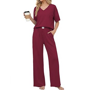 Ekouaer Womens Cotton Pajama Sets Soft Short Sleeve Pajamas Long Pants Set Breathable Loungewear