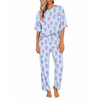 Ekouaer Womens Satin Silky Pajama Set Short Sleeve Shirt with Long Pajama Pant Set Soft Pajama