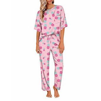 Ekouaer Womens Satin Silky Pajama Set Short Sleeve Shirt with Long Pajama Pant Set Soft Pajama