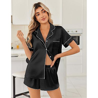 Ekouaer Womens Silk Satin Pajama Sets 2 Piece Button Down Silk Shorts Sets Short Sleeve Loungewear