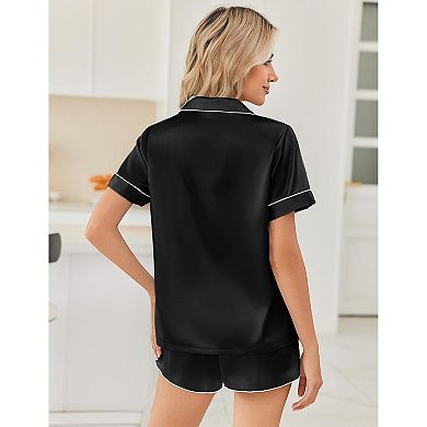 Ekouaer Womens Silk Satin Pajama Sets 2 Piece Button Down Silk Shorts Sets Short Sleeve Loungewear