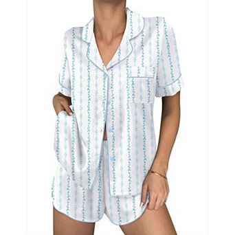Ekouaer Womens Silk Satin Pajama Sets 2 pc Button Down Silk Shorts Sets Short Sleeve Loungewear