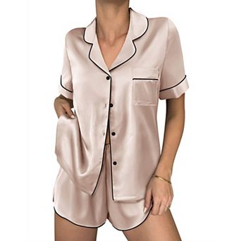 Ekouaer Womens Silk Satin Pajama Sets 2 pc Button Down Silk Shorts Sets Short Sleeve Loungewear