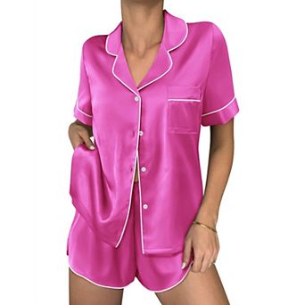 Ekouaer Womens Silk Satin Pajama Sets 2 pc Button Down Silk Shorts Sets Short Sleeve Loungewear
