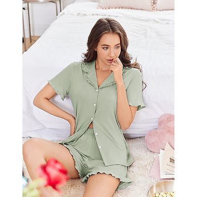 Ekouaer Pajamas Womens Set Short Sleeve Button Down Pajamas Cute Ruffle Two Piece Lounge Sets