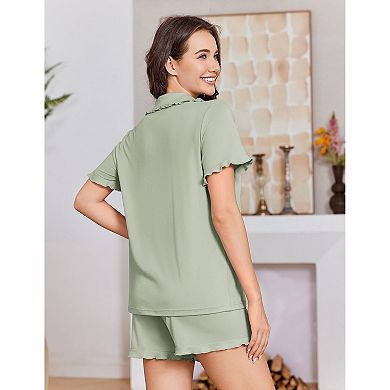 Ekouaer Pajamas Womens Set Short Sleeve Button Down Pajamas Cute Ruffle Two Piece Lounge Sets