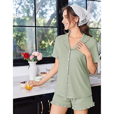 Ekouaer Pajamas Womens Set Short Sleeve Button Down Pajamas Cute Ruffle Two Piece Lounge Sets