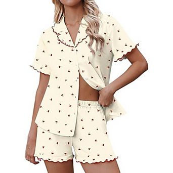 Ekouaer Pajamas Womens Set Short Sleeve Button Down Pajamas Cute Ruffle Two Piece Lounge Sets