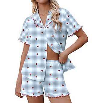 Ekouaer Pajamas Womens Set Short Sleeve Button Down Pajamas Cute Ruffle Two Piece Lounge Sets