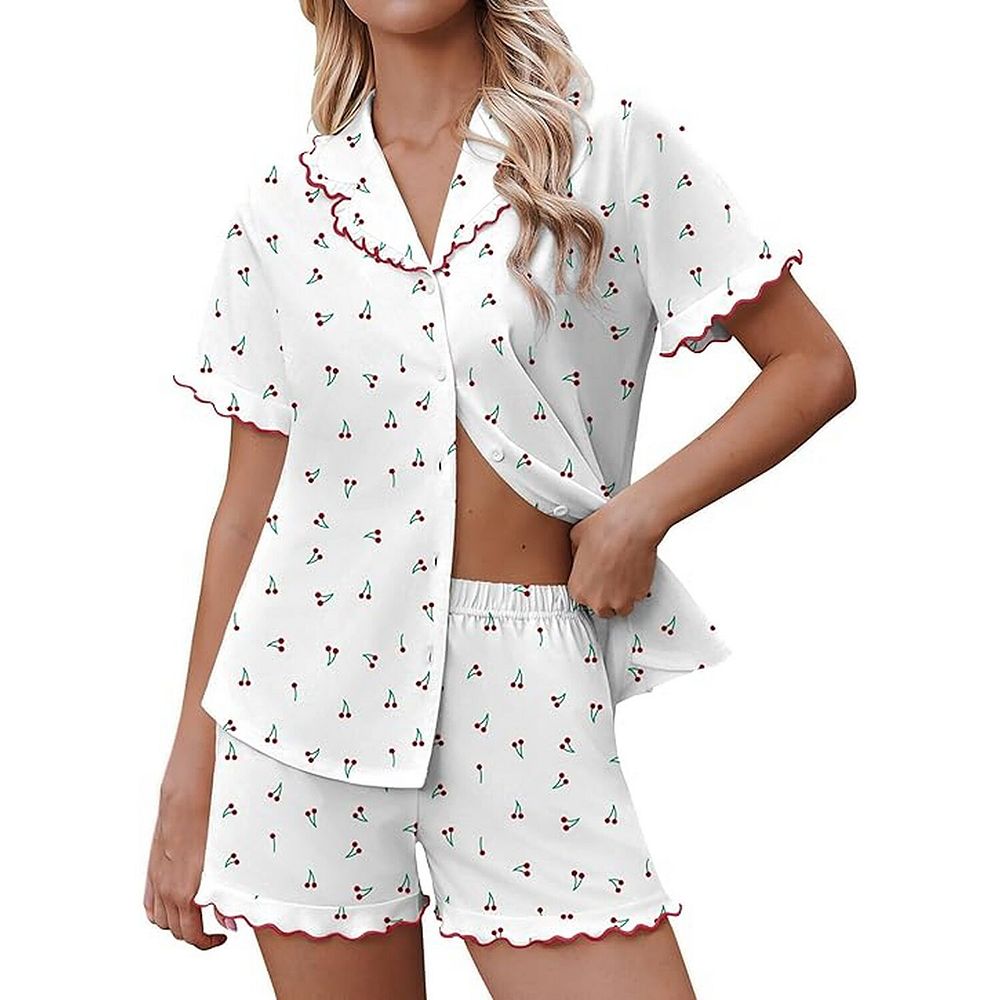 Ekouaer Pajamas Womens Set Short Sleeve Button Down Pajamas Cute Ruffle Two Piece Lounge Sets