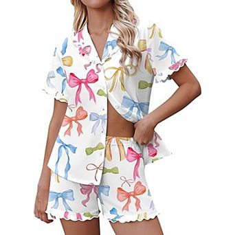 Ekouaer Pajamas Womens Set Short Sleeve Button Down Pajamas Cute Ruffle Two Piece Lounge Sets