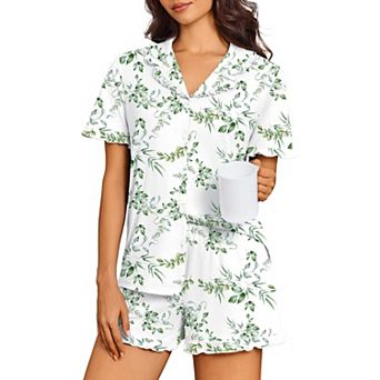 Ekouaer Pajamas Womens Set Short Sleeve Button Down Pajamas Cute Ruffle Two Piece Lounge Sets