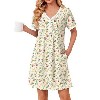 Ekouaer Nightgowns for Women Cotton Night Gowns Short Sleeve Button House Dress V Neck Sleepshirts