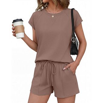 Ekouaer Short Sets for Women Cotton 2 pc Set Summer Cap Sleeve Crew Neck Loungewear with Pockets