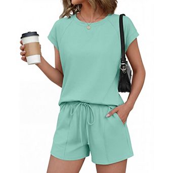 Ekouaer Short Sets for Women Cotton 2 pc Set Summer Cap Sleeve Crew Neck Loungewear with Pockets