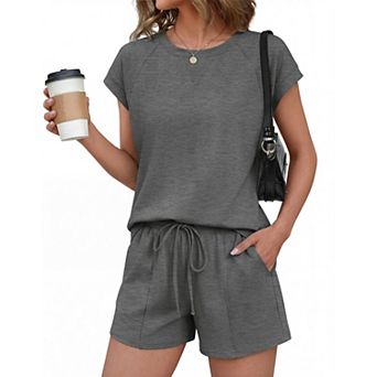 Ekouaer Short Sets for Women Cotton 2 pc Set Summer Cap Sleeve Crew Neck Loungewear with Pockets
