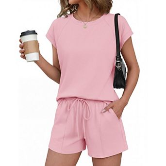 Ekouaer Short Sets for Women Cotton 2 pc Set Summer Cap Sleeve Crew Neck Loungewear with Pockets