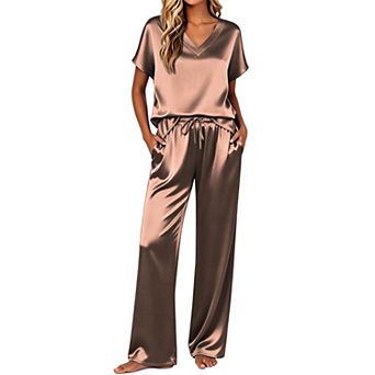 Ekouaer Silk Pajamas for Womens Two Piece Satin Pajamas Cap Short Sleeve V Neck Shirt Long Pant