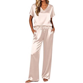 Ekouaer Silk Pajamas for Womens Two Piece Satin Pajamas Cap Short Sleeve V Neck Shirt Long Pant