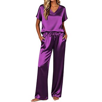 Ekouaer Silk Pajamas for Womens Two Piece Satin Pajamas Cap Short Sleeve V Neck Shirt Long Pant